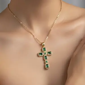 Women's Natuna Fashion Jewelry Copper Cross Pendant Necklace - Crucifix, Imitation Diamond, Gold-Tone, Exquisite, Diamond-Encrusted Design, Crucifix Necklaces, Imitation Diamond Necklaces