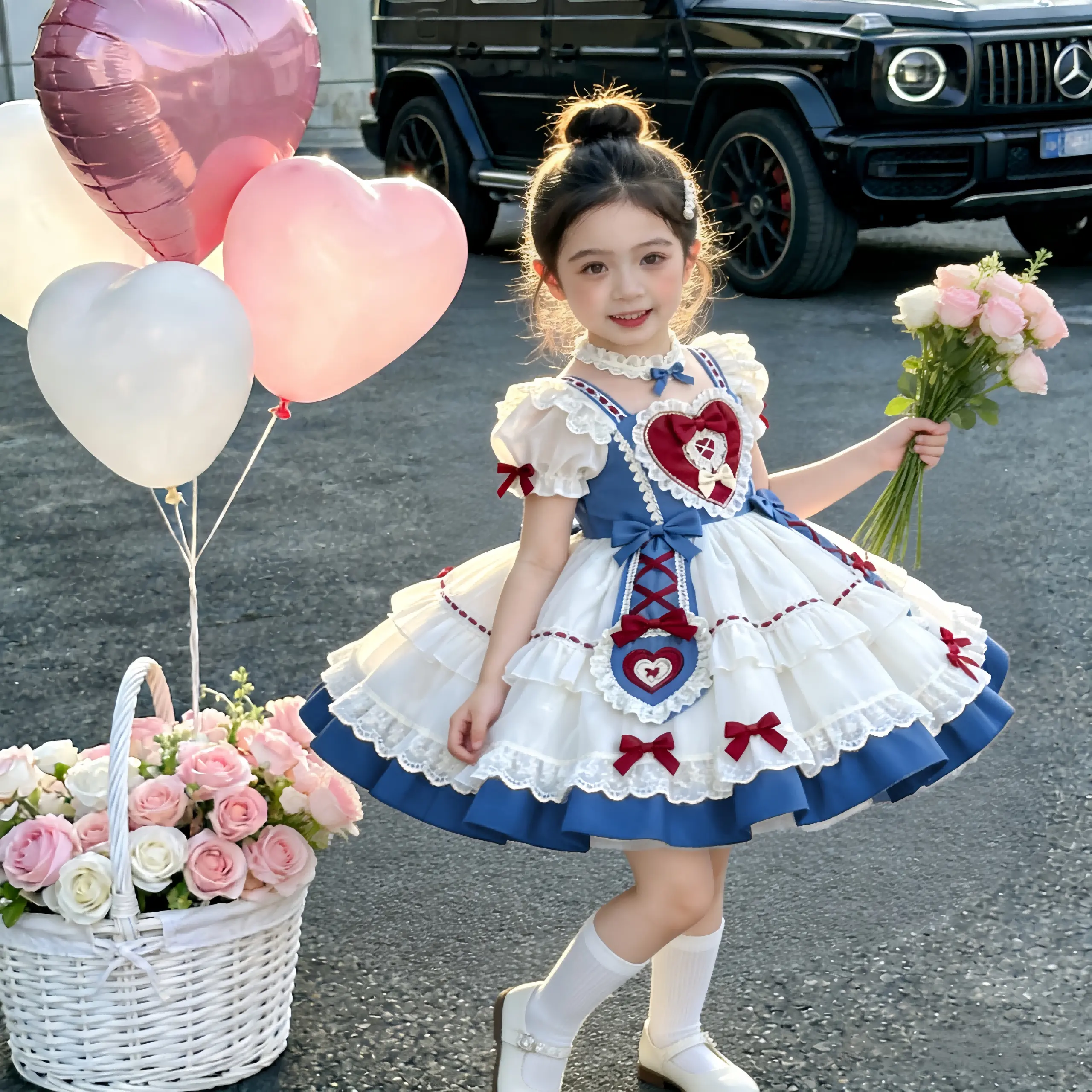 Girls' Princess Birthday Party Dress - Vintage Girly Fit & Flare A-Line, Crew Neck, Blue-and-White Contrast, Embroidery, Frilled Lace Trim, Soft Breathable Fabric Vintage Girly Clothes Dress Pink