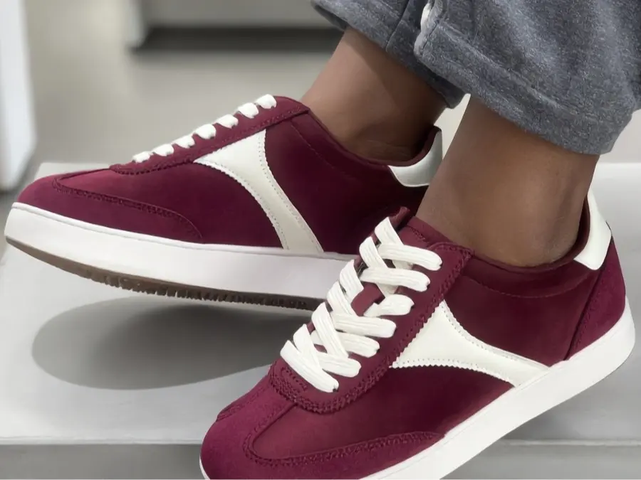 Maroon Suede Sneakers with White Accents and White Laces for Women's Comfortable Daily Wear