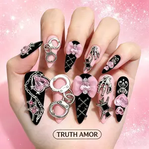 10Pcs TRUTH AMOR Pink Black Punk Stiletto Press On Nails 3D Metal Charm Heart Rhinestone Bow Handcuff Skeleton Design Reusable Easy Apply Daily Party Gothic Makeup ViralPressOnNails Y2KNails SweetPunkNails FakeNails NailArt NailTips
