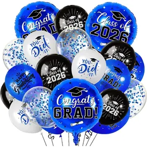Blue and Black Graduation Balloons Graduation Decorations 2026, 51Pcs Grad Latex Balloons and Grad Foil Balloon with Confetti Ribbons Grad Party Decorations for College High School