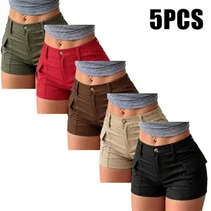 One pack contains 5 women’s high-waisted cargo shorts with multiple pockets, suitable for casual beach vacation styles. Beach vacation shorts — multifunctional design, high-waisted shorts