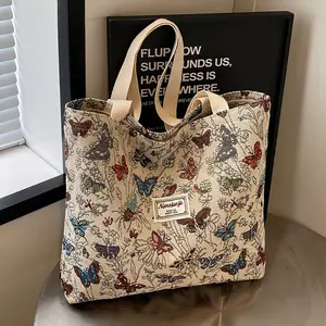 Women's Trendy Large Canvas Butterfly Tote Bag - Vintage Jacquard, Lightweight Casual Shoulder Purse, Beach Bag, Cottagecore Aesthetic Gym & Outdoor Accessory Gift