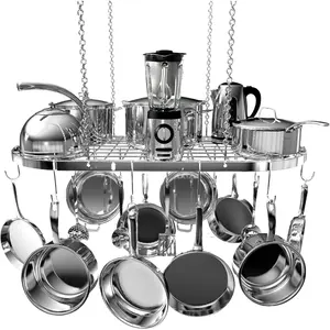 33 x 17 Inches Silver Hanging Pot Rack, Ceiling Mount Heavy-Duty Durable Space-Saving Kitchen Organizer with 15 Hooks for Pots and Pans