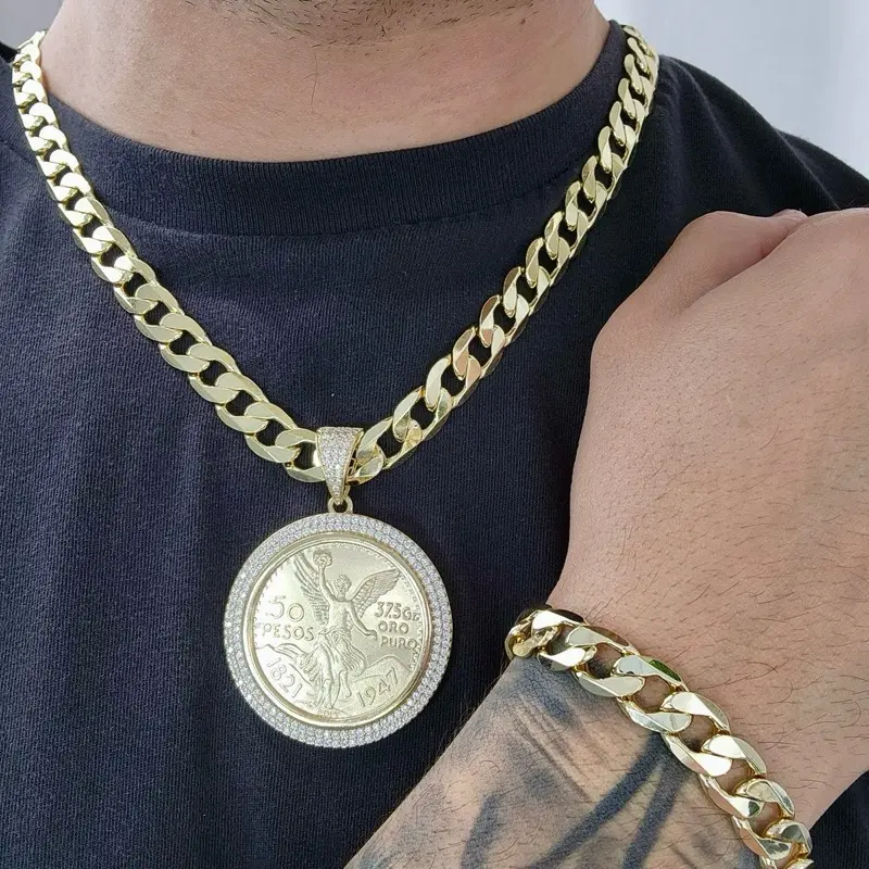 ViOrO 14K Gold Plated 10mm Cuban Link Chain with Bracelet and Zircon Centenary Pendant for Dairy Use. Electro Laminated Premium Jewelry