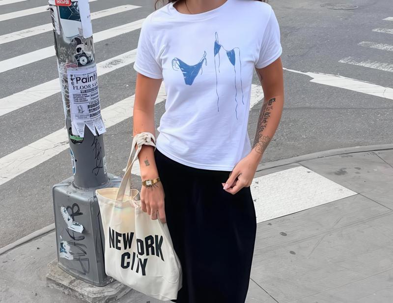 Women's Bikini Silhouette Painting Baby Tee, Cute Y2K Aesthetic Baby Tee, Blue Trending Design Shirt, Cool Girl Tshirt, White Baby Tee Tee