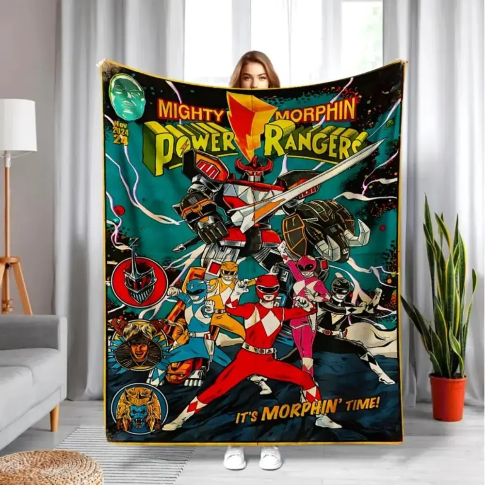 Retro Superhero Robot Blanket, Vintage 90s Anime Warrior Team Throw Blanket, Colorful Action Hero Fleece Blanket for Kids Bedroom Couch Decor
