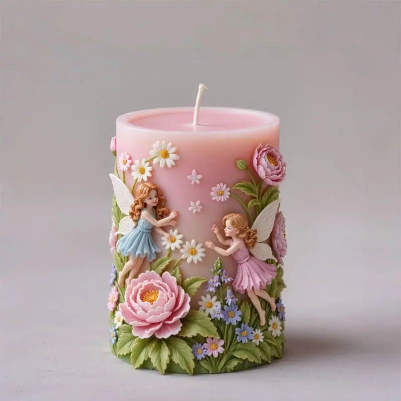 Enchanted Fairy Garden Candle Silicone Mold, Dual Fairies & 3D Flower Embossed Wax Mould for Aromatherapy Candles Making Wax Melts