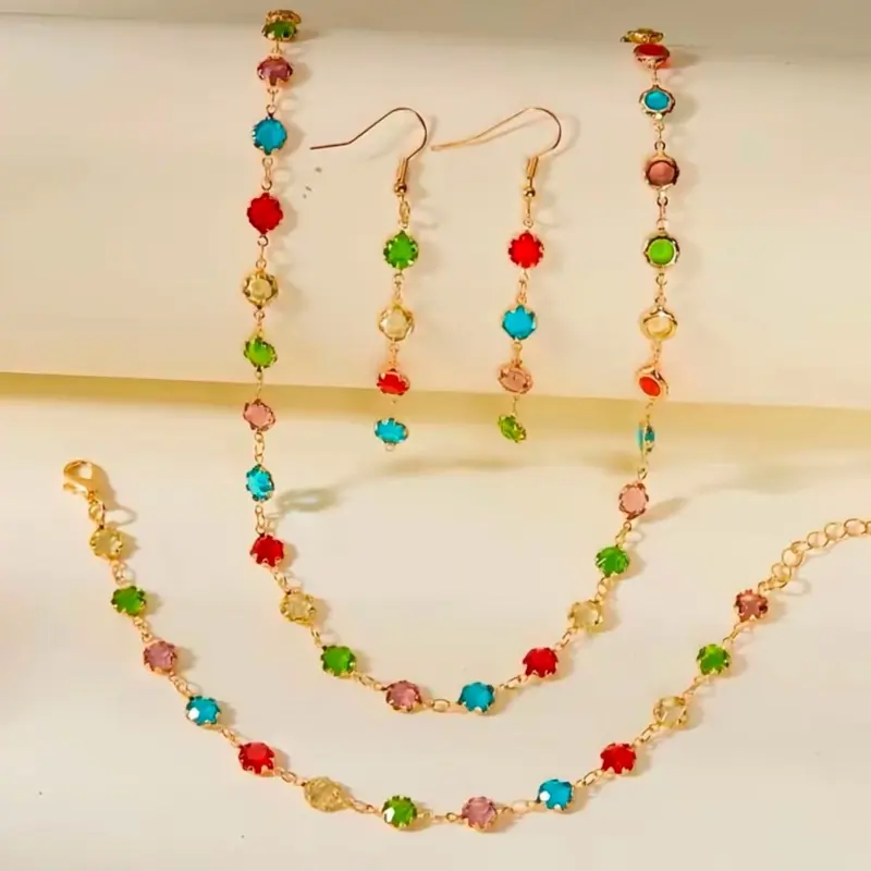 Juego de Joyería Crystal Rainbow Gold  (Collar + Pulsera + Aretes)