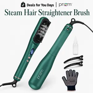 Prizm Pro Steam Hair Straightener Brush, Steam Straightening Brush for Curly/Thick Hair, Ionic Steam Straightener for Frizz-Free Hair Straightening Comb, Professional Steam Styler Summervibes
