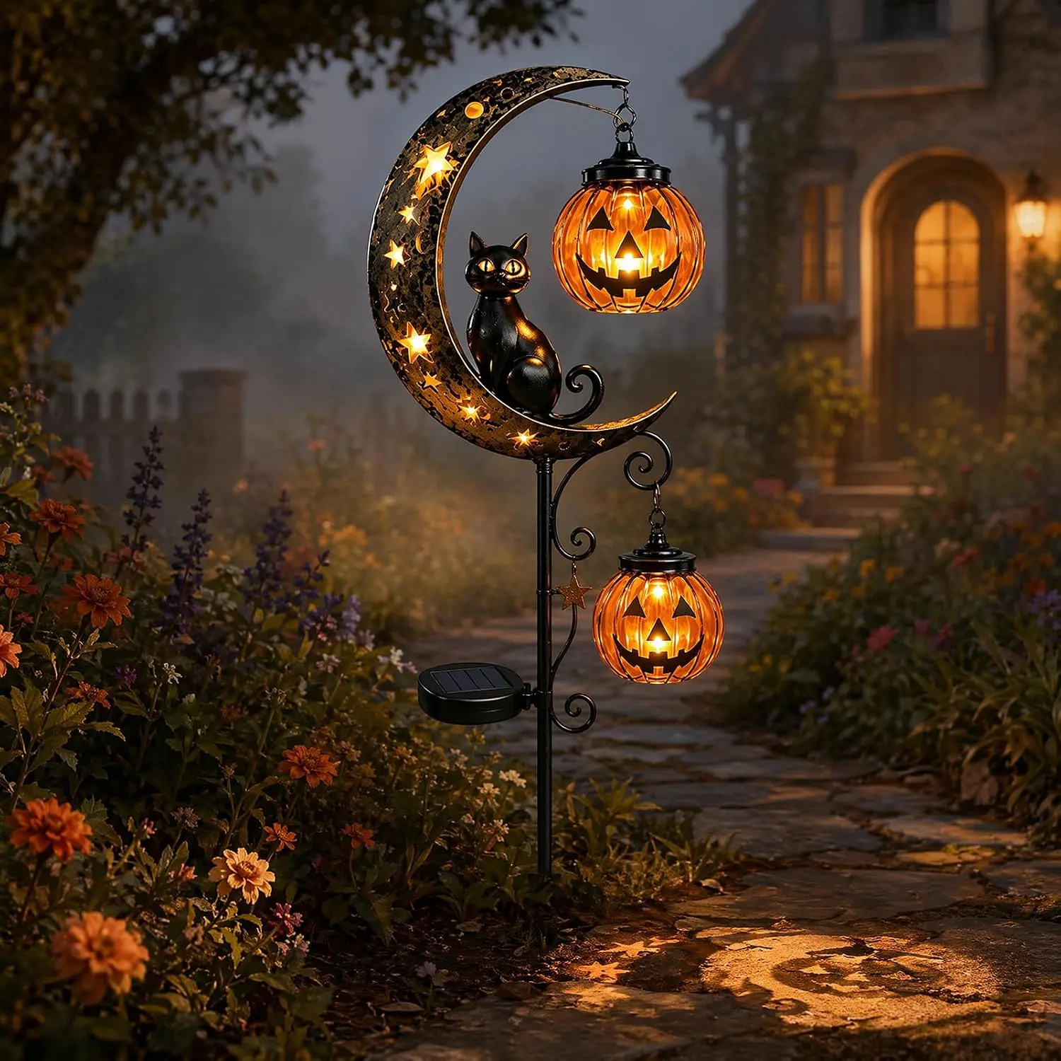 Halloween Solar Outdoor 34-In Warm LED Black Cat Garden Stake Lights, Pumpkin & Moon Lanterns, Weatherproof Yard Decor for Lawn, Porch