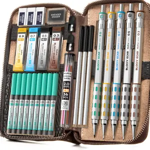 Nicpro Blocky Gear Metal Mechanical Pencil Set in Leather Case, 29Pack Art Drafting Pencils 0.3, 0.5, 0.7, 0.9&2mm Lead Pencil with 330Pack Lead (HB 2H 4H 2B 4B 6B Color) For Writing Sketching Drawing