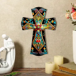 Hand-Painted Rustic Wooden Cross Wall Decor, Spanish & Mexican Art Style, Vibrant Geometric Floral Pattern, Recycled Wood Indoor Hanging Decoration