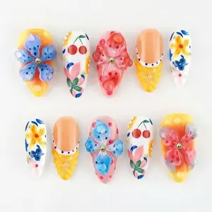 30Pcs Summer Press on Nails Medium Almond 3D Lemon French Tip Fake Nails with Gold Beads Summer Fruit Acrylic Nails 3D Flower False Nail Kit Blueberry Cherry Flowers Full Cover Glue on Nails for Women