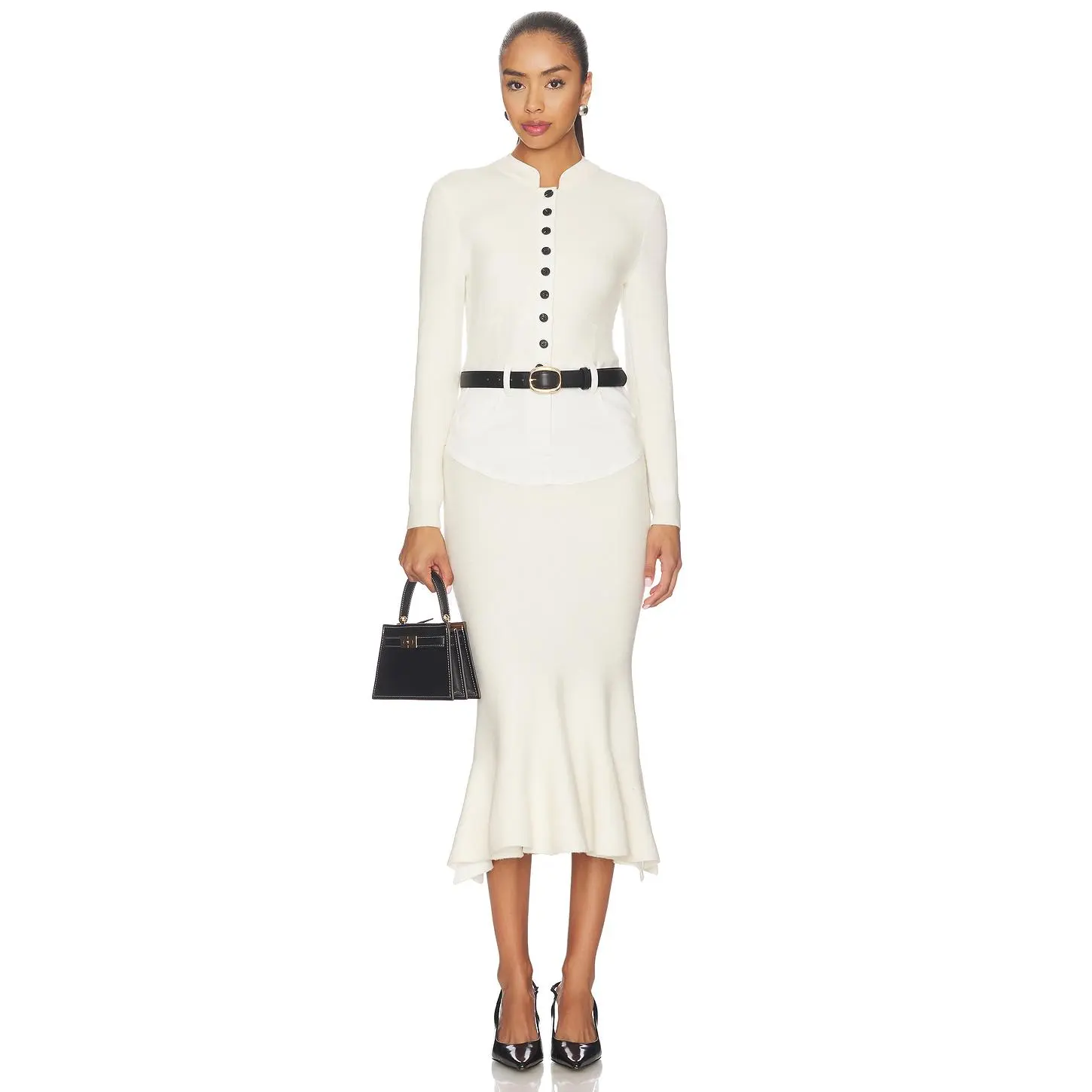 self-portrait Cream Knit Denim Insert Midi Dress in Cream
