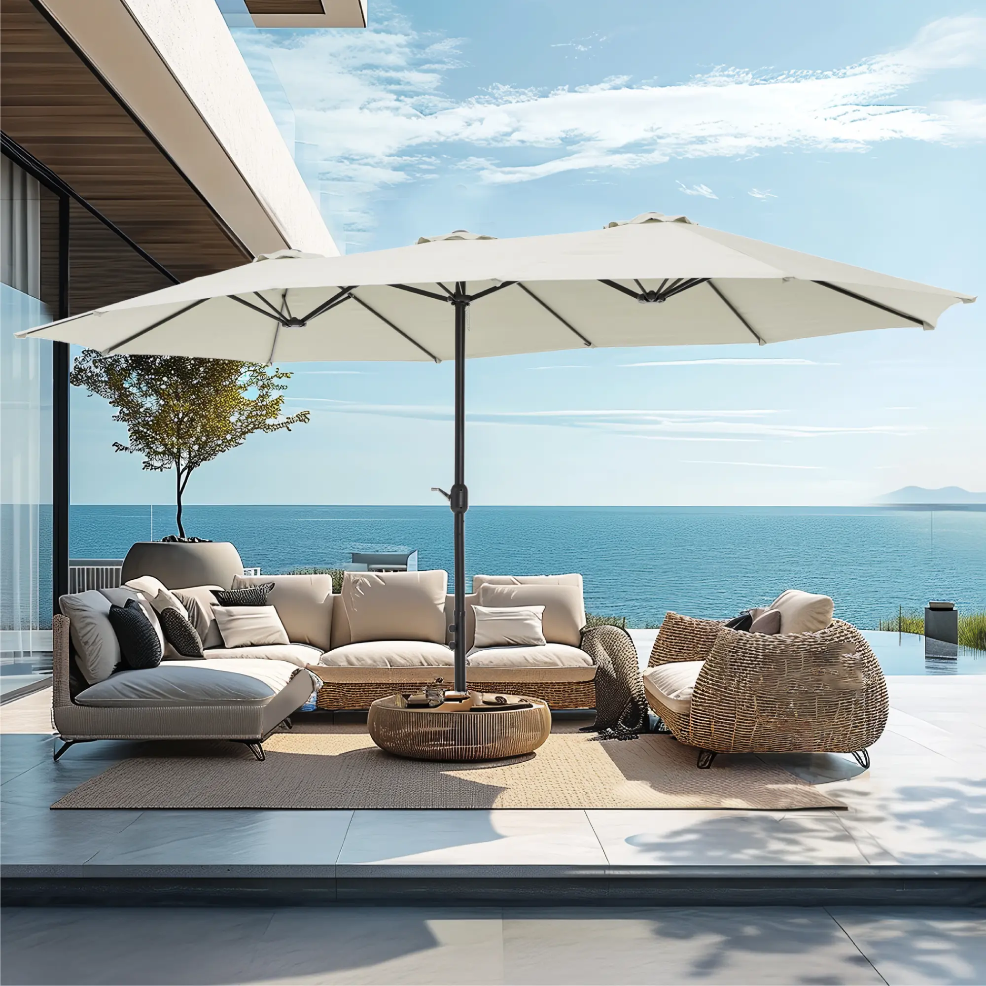 [Base Included] PHIVILLA 15 ft Large Outdoor Patio Umbrella with Base (No Light), Alloy Steel, Tilt Handle, Assembly Required for Garden Use, Ideal for Outdoor