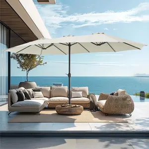 [Base Included] PHI VILLA 15 ft Large Outdoor Patio Umbrella with Base (No Light), Alloy Steel, Tilt Handle, Assembly Required for Garden Use, Ideal for Outdoor