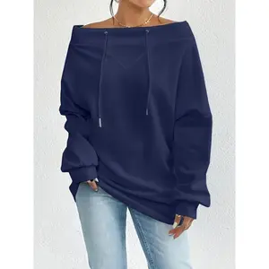 Women’s Casual Off-Shoulder Pullover Sweatshirt, Solid Color Polyester Knit Fabric with Slight Stretch, Drawstring Detail