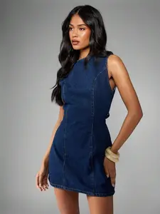 MISSGUIDED Sleeveless Fitted Shift Style Denim Mini Dress Back Tie Waist Detail