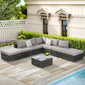 8-Piece Rattan Sofa Set, Outdoor Patio Furniture Sets with Washable Cushions & Glass Coffee Table for Garden, Backyard