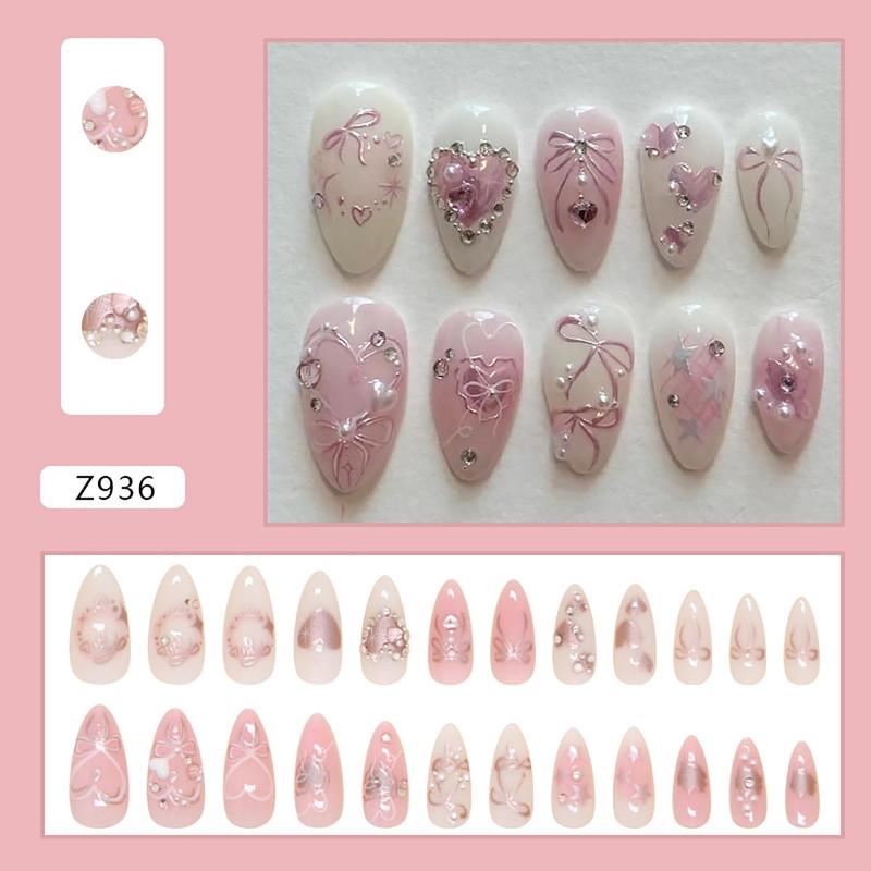 Pink Press on Nails Short Almond Fake Nails with 3D Heart Pearl, Rhinestones, Glitter Star, Flower Charms & Cute Bow Design – Full Cover Stick On Nails Glue On False Nails for Women & Girls 24Pcs