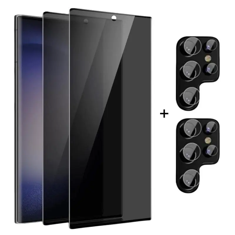 Privacy Screen Protector & Lens Protector, 2 Counts Anti-spy Protective Tempered Glass Screen Protector & 2 Counts Lens Protector, Smartphone Accessories for Samsung Galaxy S22-Ultra S23 Ultra S24 Ultra 5G Protection, Installation