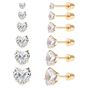 6 Pairs Surgical Stainless Steel Screw back Stud Earrings, 18K Gold Plated Heart Square Princess Cut Round Cubic Zirconia CZ Stud Earrings Set