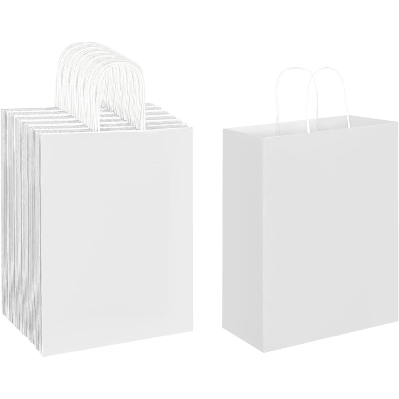 50 Count 10x5x13 In Plain White Bio-Degradable Recycled Paper Bags with Handles, Rugged Durable Large Bulk Bags for Happy Birthday Party Favors, Grocery Retail, Business Craft Goody Needs, 50 Pack