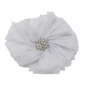 Chiffon Hair Clip with Sparkling Rhinestone Center White Flower Hair Accessory for Unisex Soft Chiffon Petals and Grosgrain Ribbon Lined Alligator Clip
