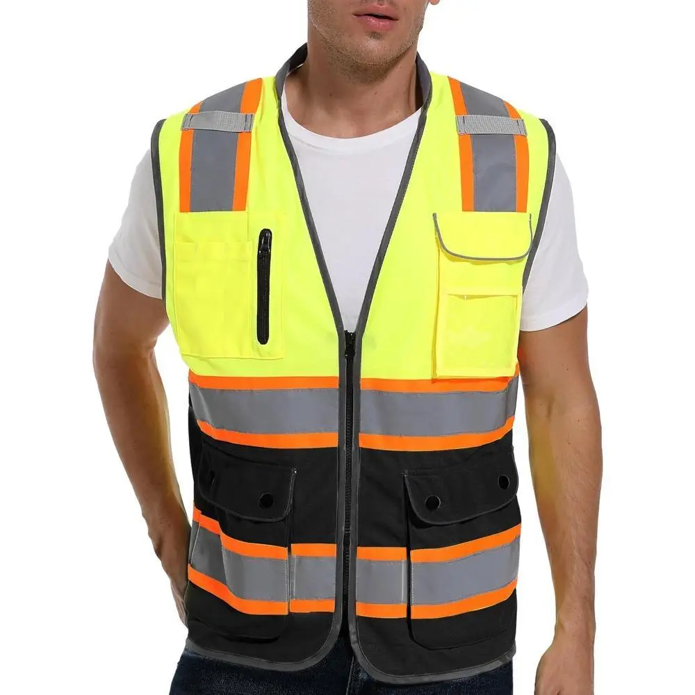 Adjustable Safety Vest for Men & Women - High Visibility Mesh Work Vest with Dual-Tone Reflective Strips & Pockets, ANSI Class 2, Hi Vis Jacket Vest, Reflective Adjustable Vest