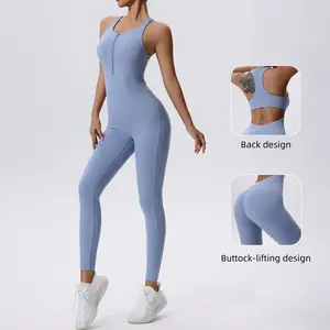 Women's Fitness Jumpsuit — Seamless Yoga & Workout Bodysuit: Zip-Front, Sexy Racerback, Tummy Control & Body-Sculpting Design
