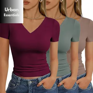 Trendy Queen Womens Deep V-Neck 3 PACK Backless Tops Short Sleeve Slim Fit T-Shirts Basic Y2K Tops Bustier Corset Cami 2025 Urban Essentials - Tshirt, Womenswear