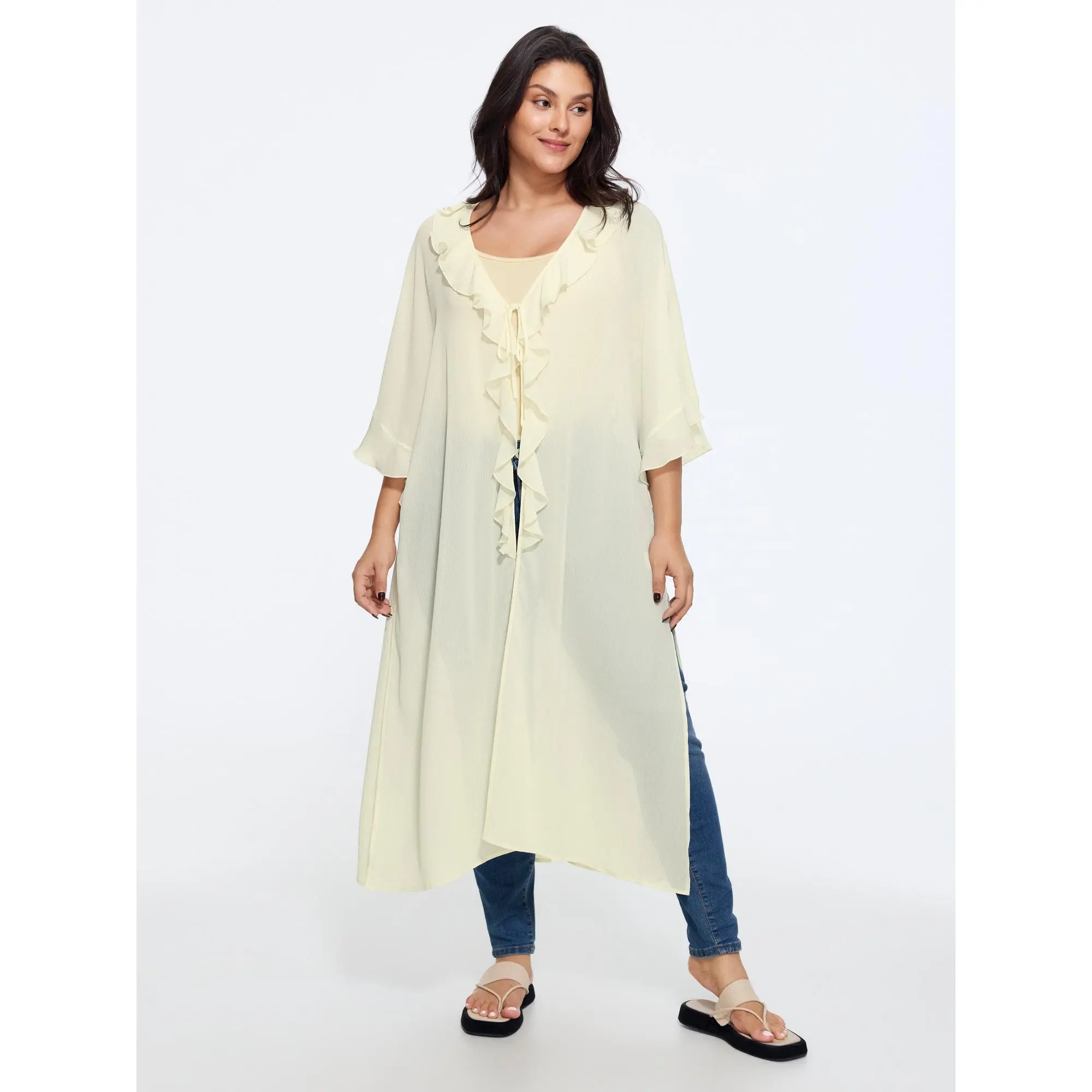 BLOOMCHIC Plus Size Breathable Ruffle Trim Long Cover Up[M-6X] Summerfinds