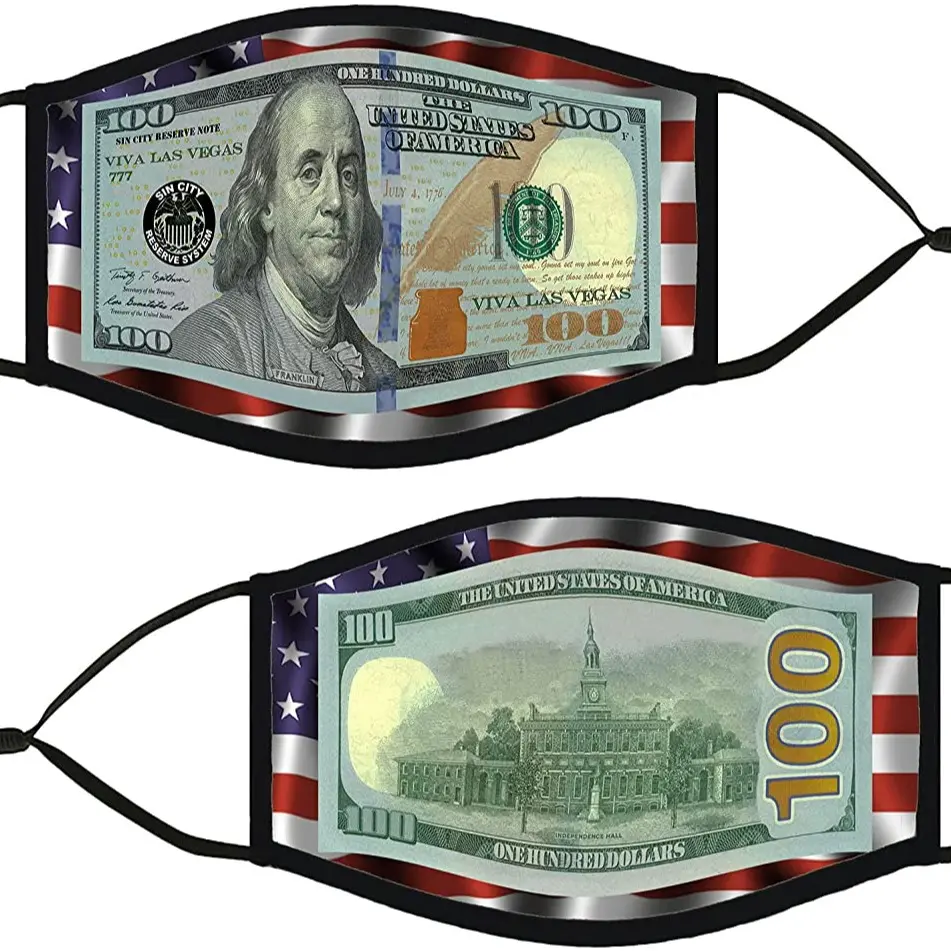 $100 Dollar Bill Las Vegas Sin City Edition Reversible Double Sided American Flag Border Adult XLarge Size Money Face Mask