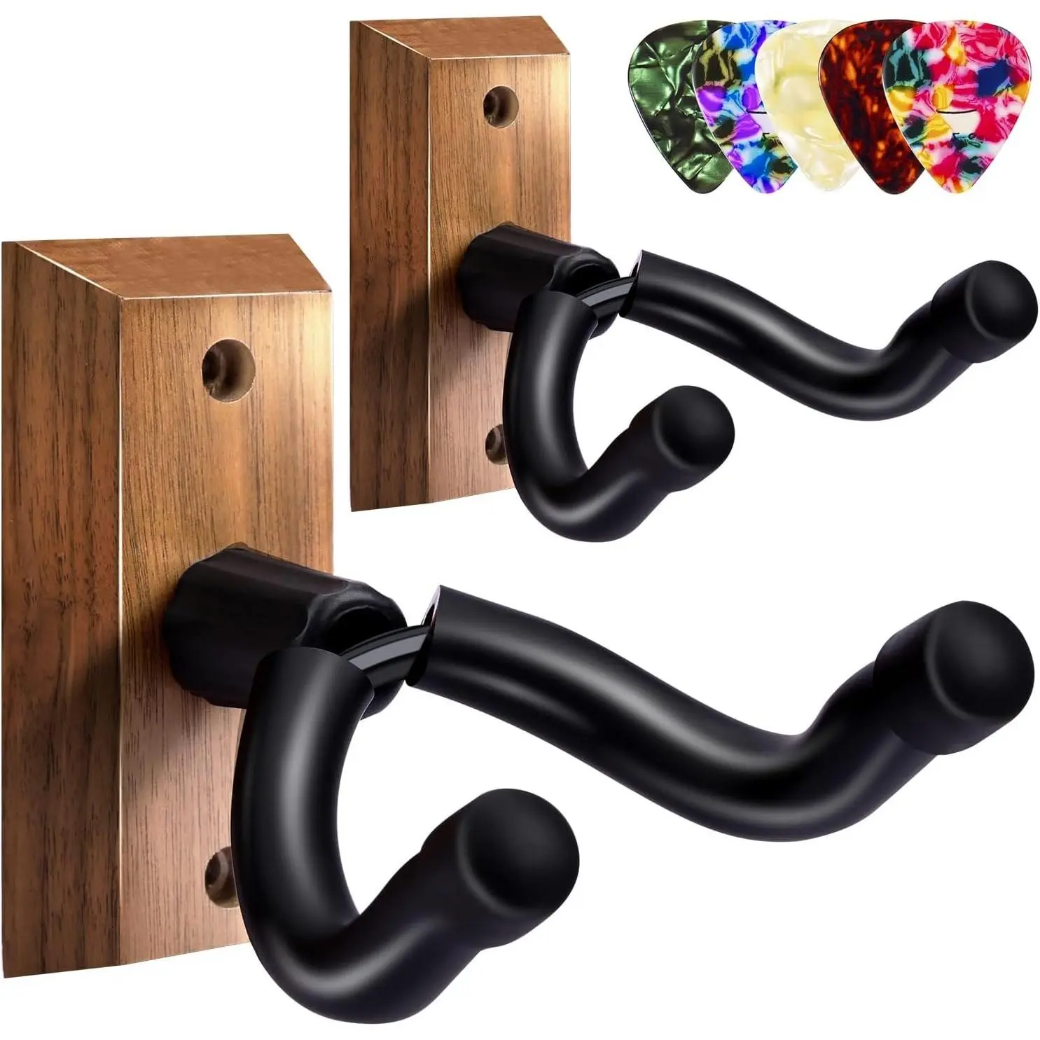 Guitar Wall Mount 2 Pack - Black Walnut Guitar Hanger with 5 count Picks for Acoustic, Electric, Bass, Banjo, Mandolin