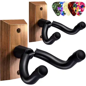 Guitar Wall Mount 2 Pack - Black Walnut Guitar Hanger with 5 count Picks for Acoustic, Electric, Bass, Banjo, Mandolin