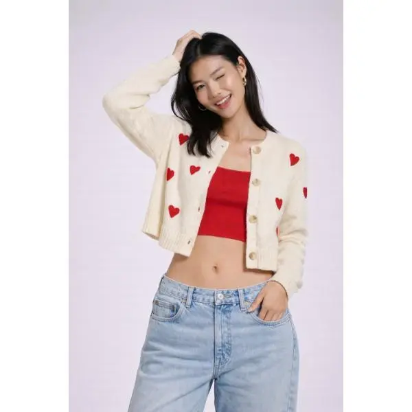 Forever 21 Women's Cute Heart Print Knit Cardigan Sweater Piece - Short Cuff-Sleeve, Cropped, Ribbed, Boxy, Buttoned, Soft, Casual Everyday Summer Wear (Long-Sleeve Option)