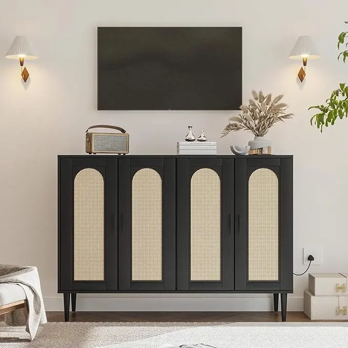 Gaomon Boho 4-Door MDF Wood Rattan Weave Sideboard Buffet Cabinet - Black, with Power Outlet, Adjustable Shelf, Ideal for Dining Room, Living Room [Christmas Gift]
