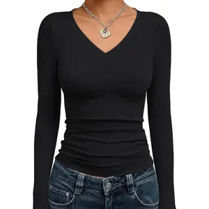 Long Sleeve Shirts for Women 2026 Fall Fashion V Neck Basics Crop Tops Slim Fitted Y2K Tops Outfits ClothesGift