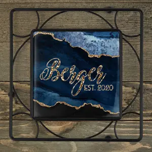 Personalized Iron Trivet | Custom Kitchen Gifts | Navy and Gold Agate