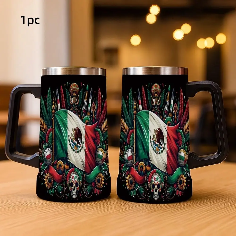 1pc 24oz Stainless Steel Insulated Mug, Thermal Cup, Drink Tumbler, Reusable Tumbler, Stainless Steel Drinkware - Mexican-themed Beer Mug with Flag and Skull Design. Suitable for outdoor, indoor use. A gift for football fans