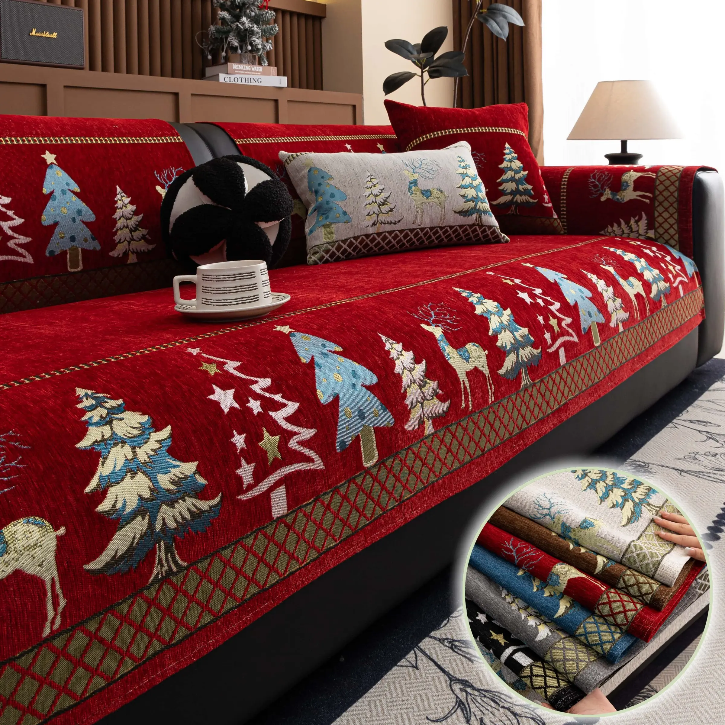 Christmas Sofa Cover Pad 1 Pc,Decorative Non-Slip Sofa Slipcover, Pet-Friendly Washable Furniture Mat, Holiday Reindeer & Christmas Tree Pattern Sofa Throw for Armchair, Loveseat, Sectional & 2/3/4-Seater Sofas, Cozy Home Decor, Dustproof Sofa Protector