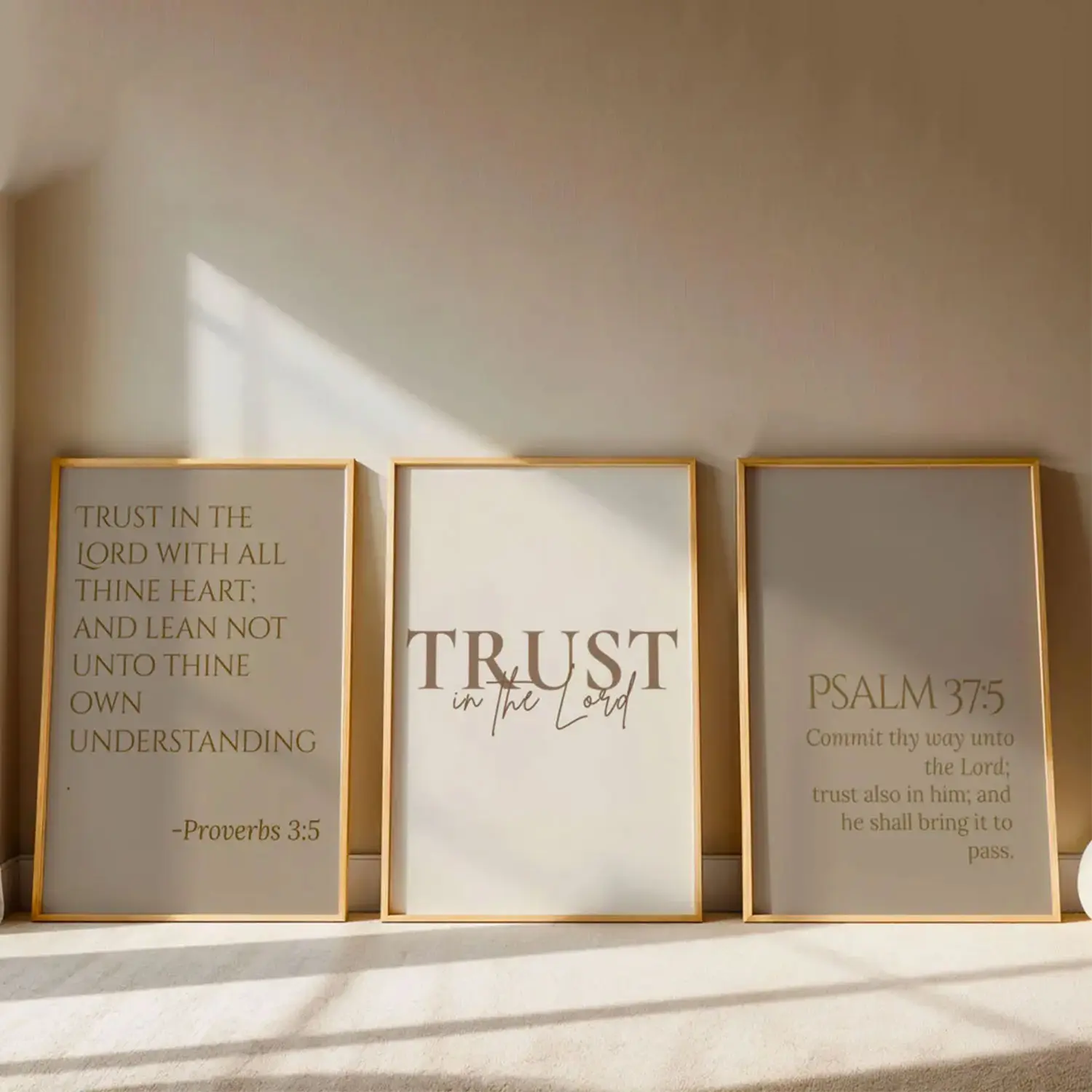 Neutral Christian Wall Art Set of 3, Trust in the Lord Print, Bible Verse for Anxiety Poster, Proverbs 3:5 & Psalm 37 5, Brown Faith Decor