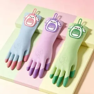 1 Pair Non-Slip Dishwashing Gloves Cartoon Waterproof Laundry Cleaning Gloves Tear-resistant Lengthen Kitchen Cleaning Gloves