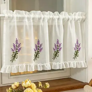 American Country Lavender Coffee Curtain, No Drilling Partition Curtain, Semi-Transparent Embroidered Short Curtain, Kitchen Window Covering