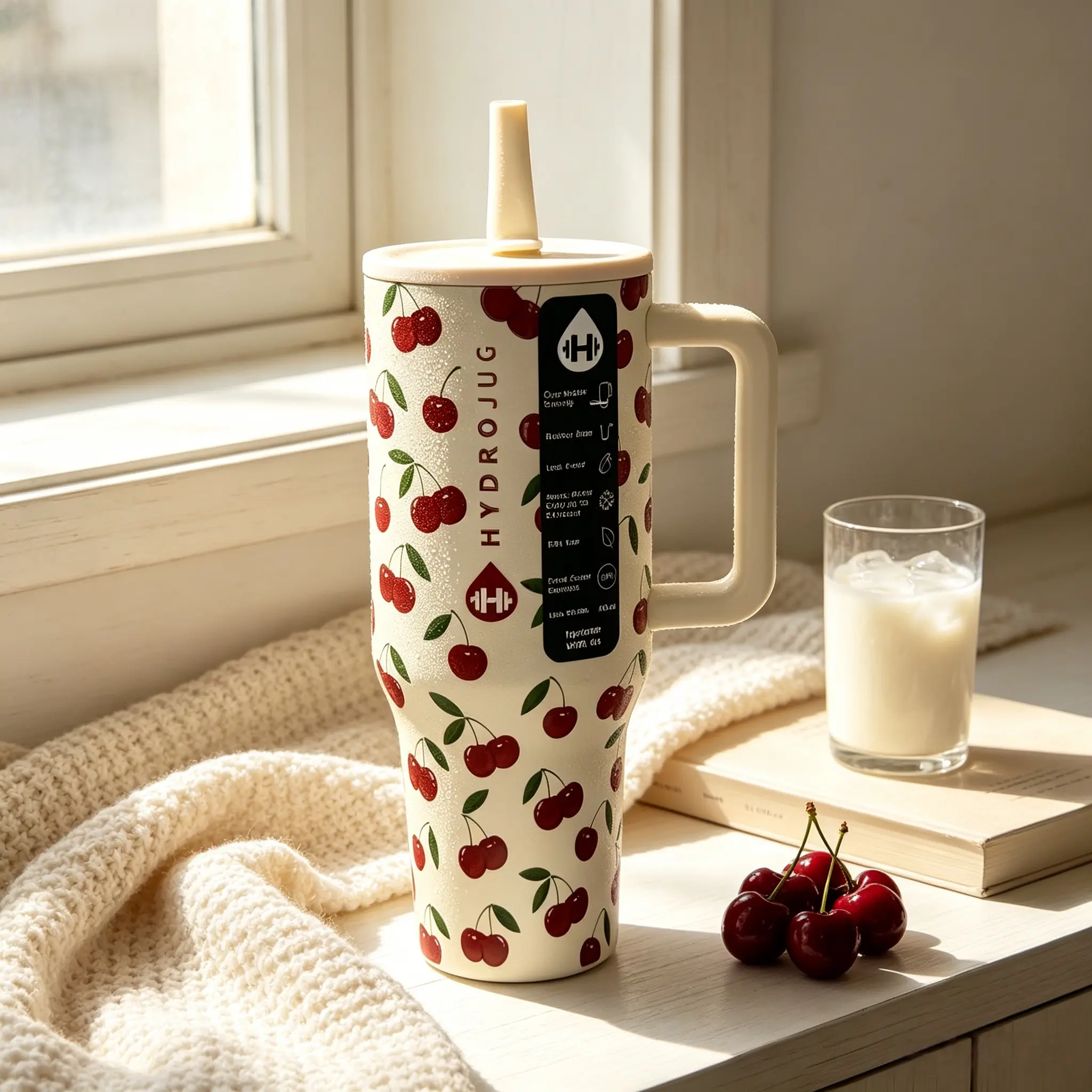 HydroJug 40oz Cherry Print Insulated Tumbler with Handle 24H Cold Stainless Steel Travel Mug Leakproof BPA-Free Cup Holder Friendly for Iced Coffee Car Office Drinkware Flasks Bottled - Bottles