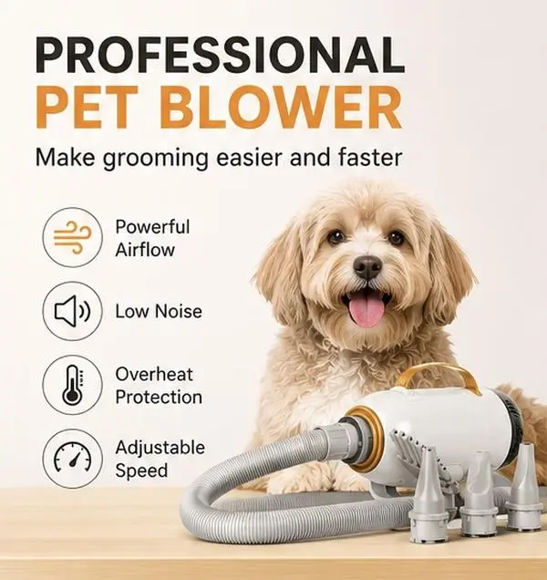 Portable Pet Grooming Dryer for Dogs & Cats, Powerful Low-Noise Hair Blower with 4 Nozzles, 1×Flexible Hose for Easy Handling, Adjustable Wind Speed for Bath Drying & Daily Grooming, Includes 4 Interchangeable Nozzles