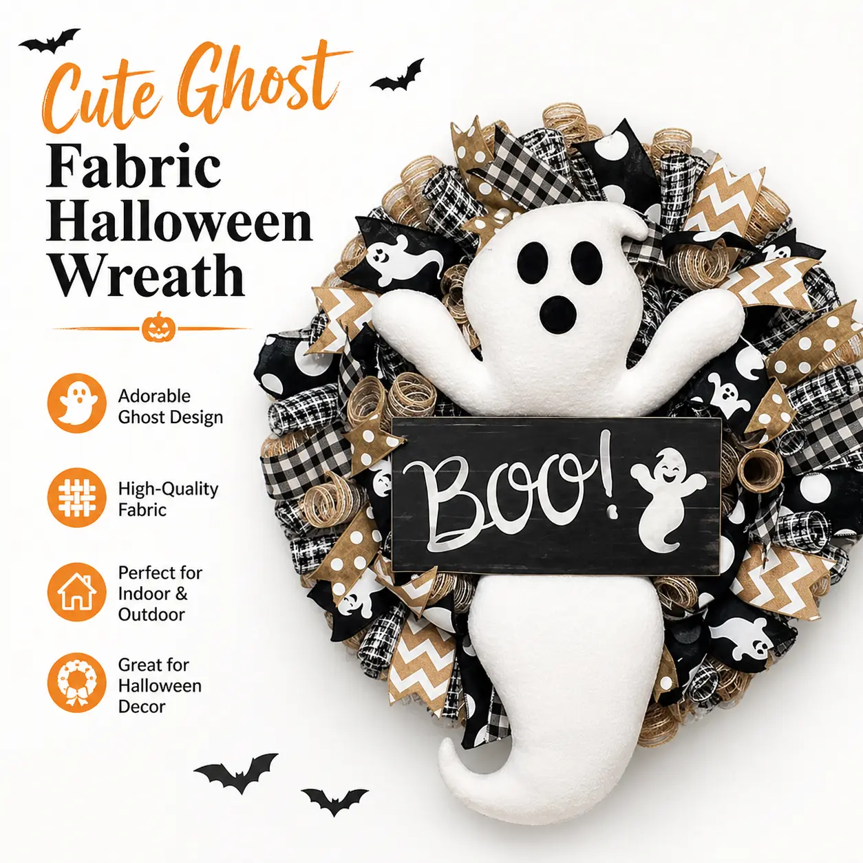 Cute Ghost Fabric Halloween Wreath Plush Ghost Accent Boo Wooden Sign Assorted Fabric Ribbon Farmhouse Porch Seasonal Hanging Decor