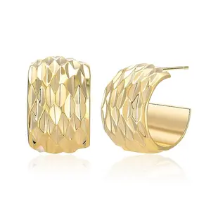 Aprilery Textured Geometric Hoop Earrings Wide Chunky Gold Tone Statement Jewelry Bold Wide Band Design Faceted Pattern Versatile Finish