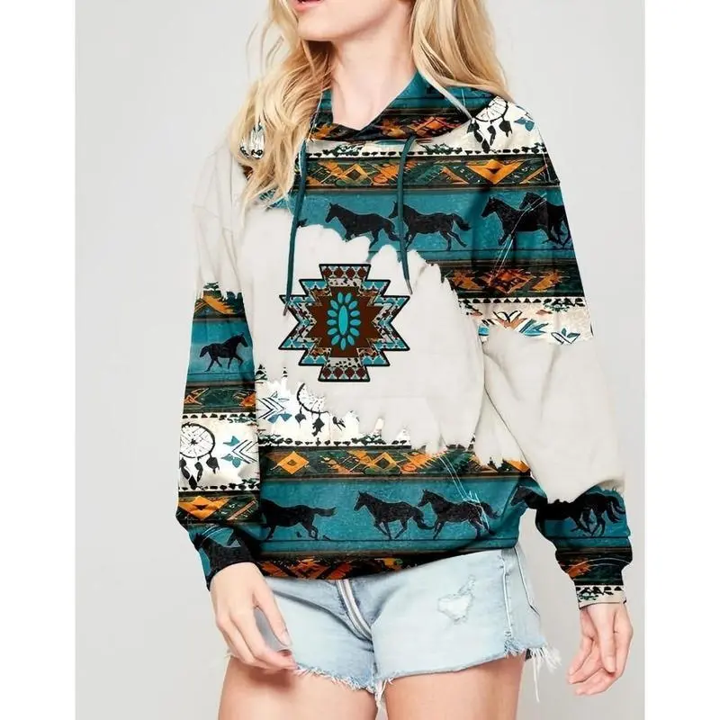 Women's Western Ethnic Style Print Aztec Hoodie Pullover Cowgirl Rhombus Printed Hooded Sweatshirt Women's Western Ethnic Style Print Aztec Hoodie Pullover Cowgirl Rhombus Printed Hooded Sweatshirt